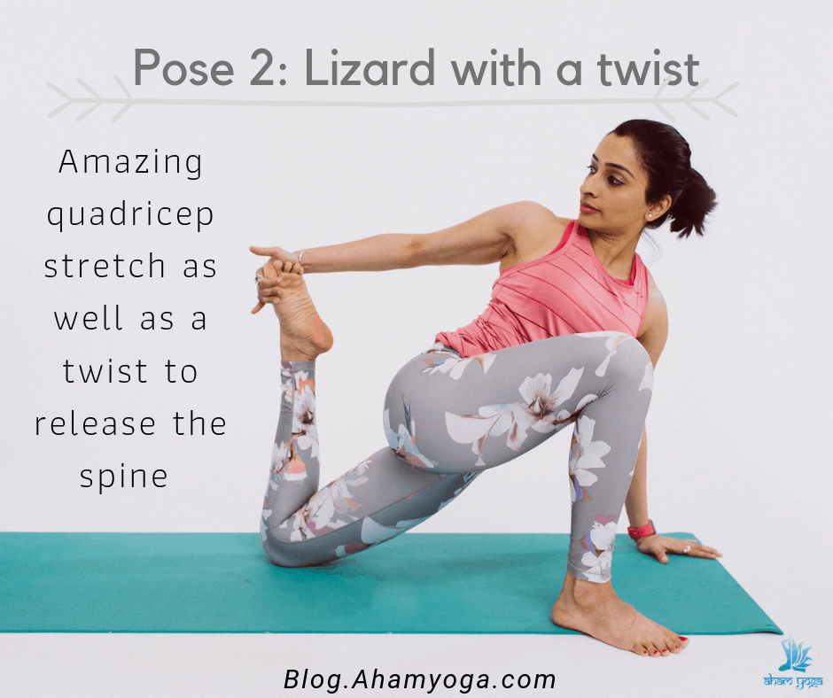 Lizard pose stretches out the quadriceps and the twist releases the spine. All in all a great post gym yoga pose. 