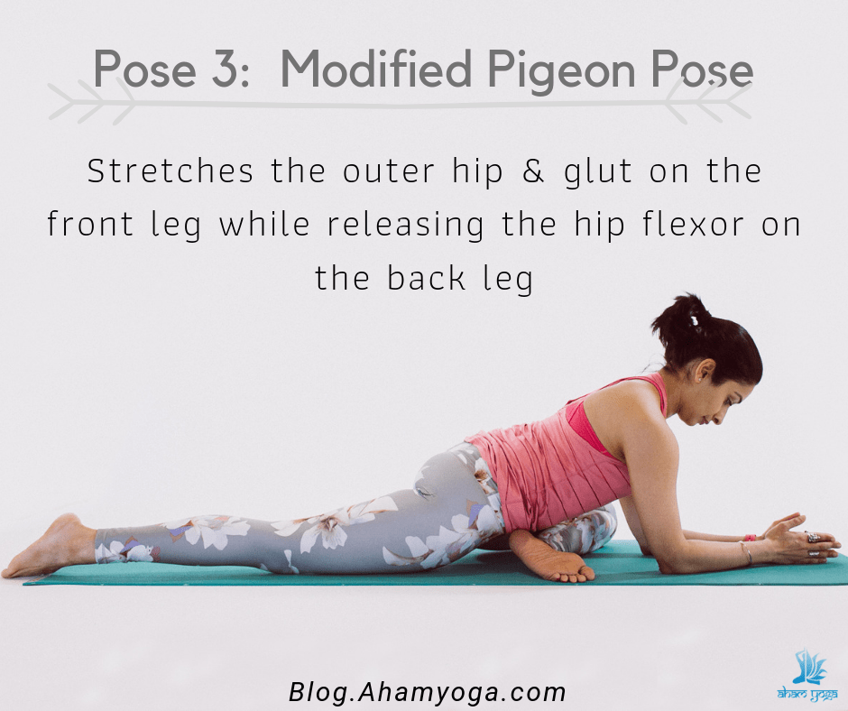 This modified pigeon pose gets the outer glutes and hip flexors. 